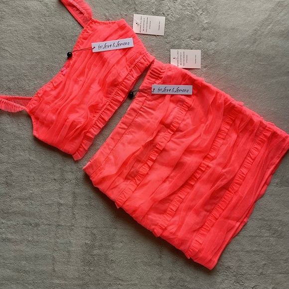 For Love And Lemons Dresses & Skirts - NWT For Love & Lemons Vixen Swiss Dot Ruffle Set Crop Top Skirt Neon Coral Pink